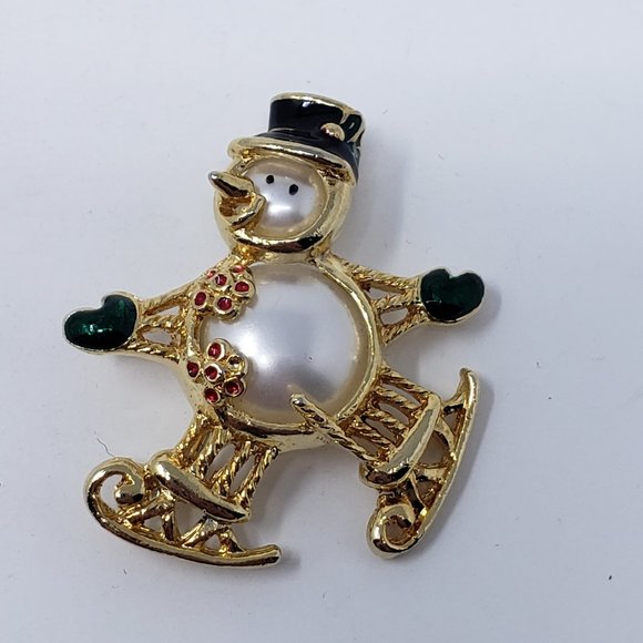 Gold Tone Enamel Snowman Ice Skating Brooch Pin - Picture 1 of 6